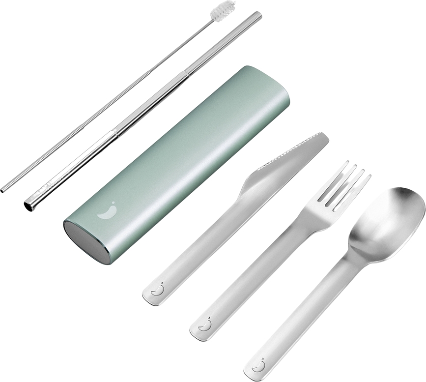 Set de Cubiertos reutilizables Chilly's Bottles, con pajita y cepillo de limpieza, en estuche verde, 6 unidades