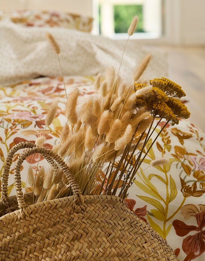 Funda Nórdica Floral Fiesta, 155 x 220 cm, ocre, con funda de almohada 80 x 80 cm