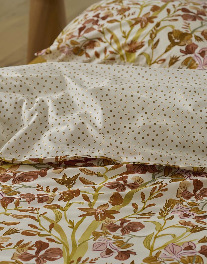 Funda Nórdica Floral Fiesta, 155 x 220 cm, ocre, con funda de almohada 80 x 80 cm