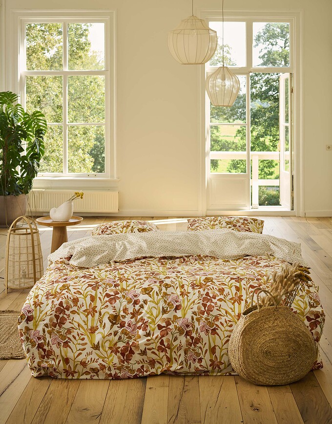 Funda Nórdica Floral Fiesta, 155 x 220 cm, ocre, con funda de almohada 80 x 80 cm