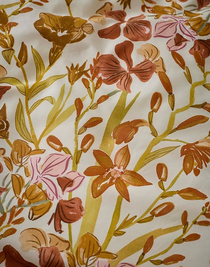 Funda Nórdica Floral Fiesta, 155 x 220 cm, ocre, con funda de almohada 80 x 80 cm