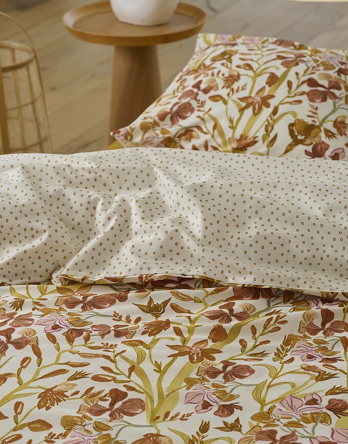 Funda Nórdica Floral Fiesta, 155 x 220 cm, ocre, con funda de almohada 80 x 80 cm