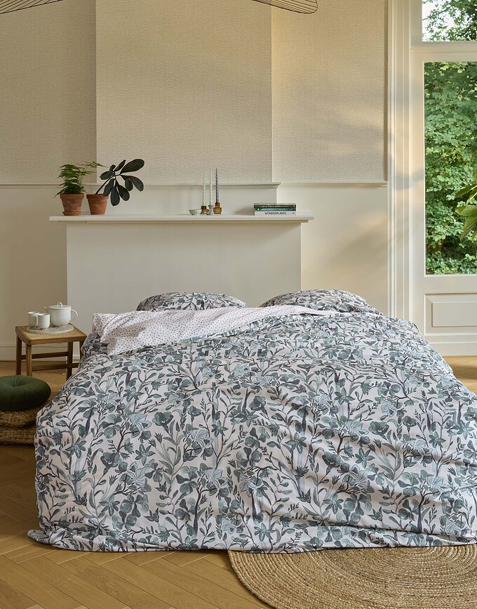 Funda Nórdica Floral Fiesta, 135 x 200 cm, verde, con funda de almohada 60 x 80 cm