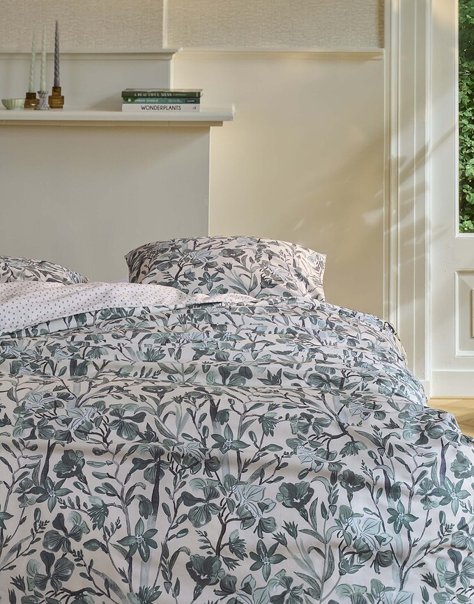 Funda Nórdica Floral Fiesta, 135 x 200 cm, verde, con funda de almohada 60 x 80 cm