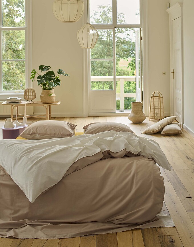 Funda Nórdica Two in One, 155 x 220 cm, beige claro, con funda de almohada 80 x 80 cm