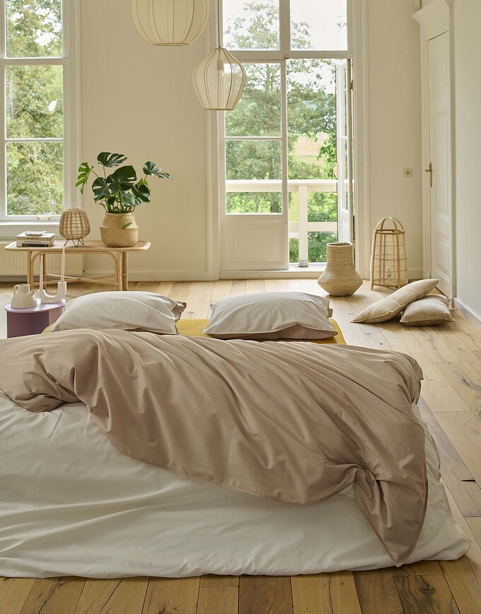 Funda Nórdica Two in One, 155 x 220 cm, beige claro, con funda de almohada 80 x 80 cm