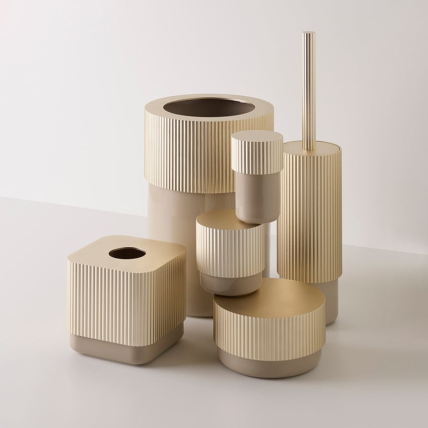 Bote de Baño Of Line, 10 cm, arena, con tapa dorada