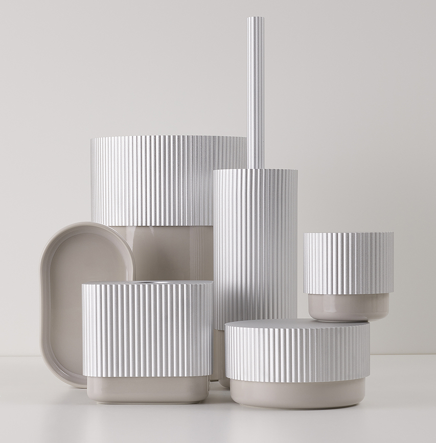 Of Line Pot de Salle de Bain avec couvercle argenté, 16,5 cm, crème