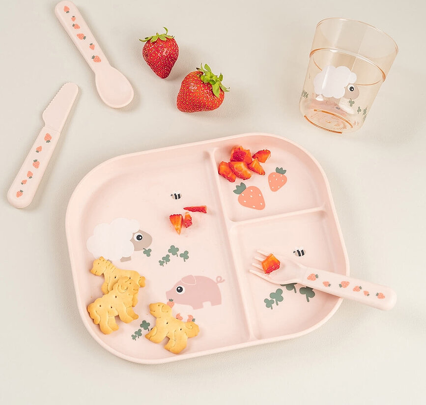 Bērnu galda piederumi Foodie Tiny Farm, rozā, 3 daļu komplekts