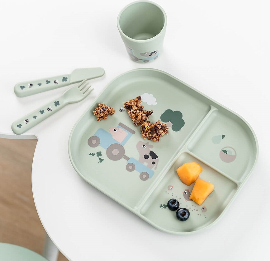 Jedilni set s priseskom Foodie Tiny Farm, zelen, 4-delni set