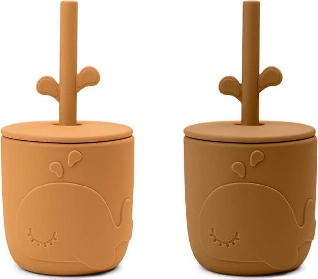 Kubki dziecięce Peekaboo Wally musztardowe ze słomką 2 szt.