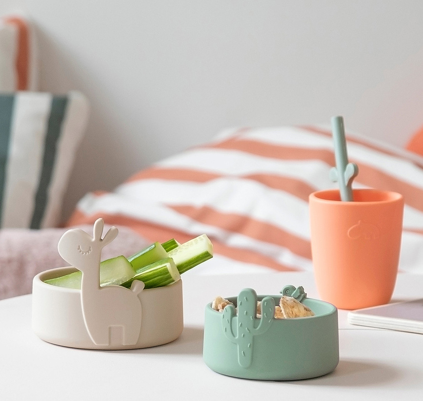 Lalee Bols pour Enfants, en silicone, vert et sable, Lot de 2