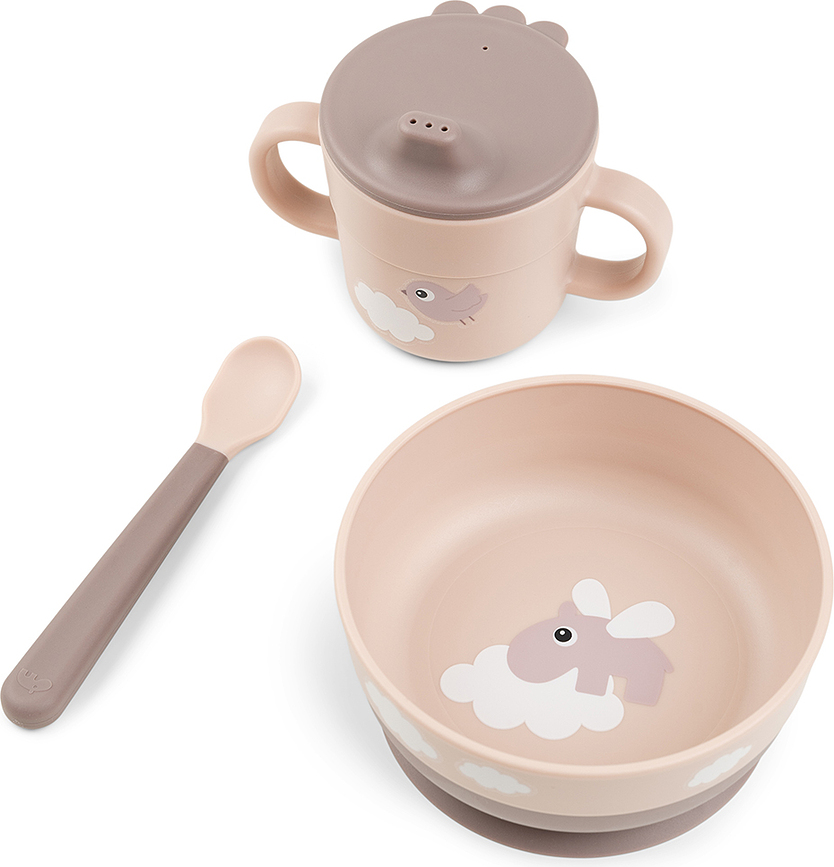 Miska s lžičkou a hrnkem Foodie Happy Clouds růžová 3 díly