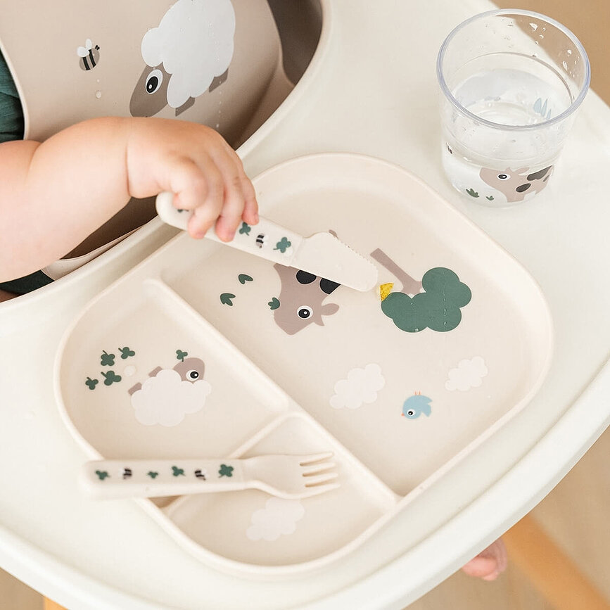 Otroški jedilni pribor Foodie Tiny Farm, bež, 3-delni set