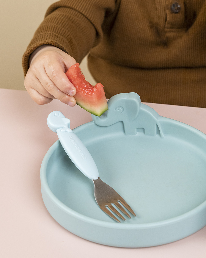 Peekaboo Set de Repas pour Enfants, en silicone, bleu, Set 3 pièces