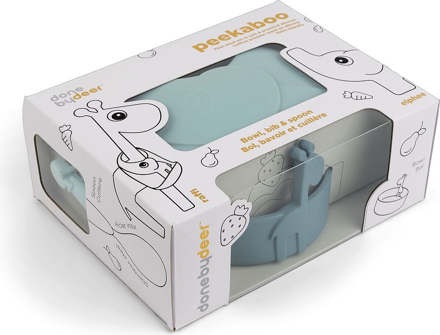 Peekaboo Set Repas avec bavoir à poche, bleu, Set 3 pièces