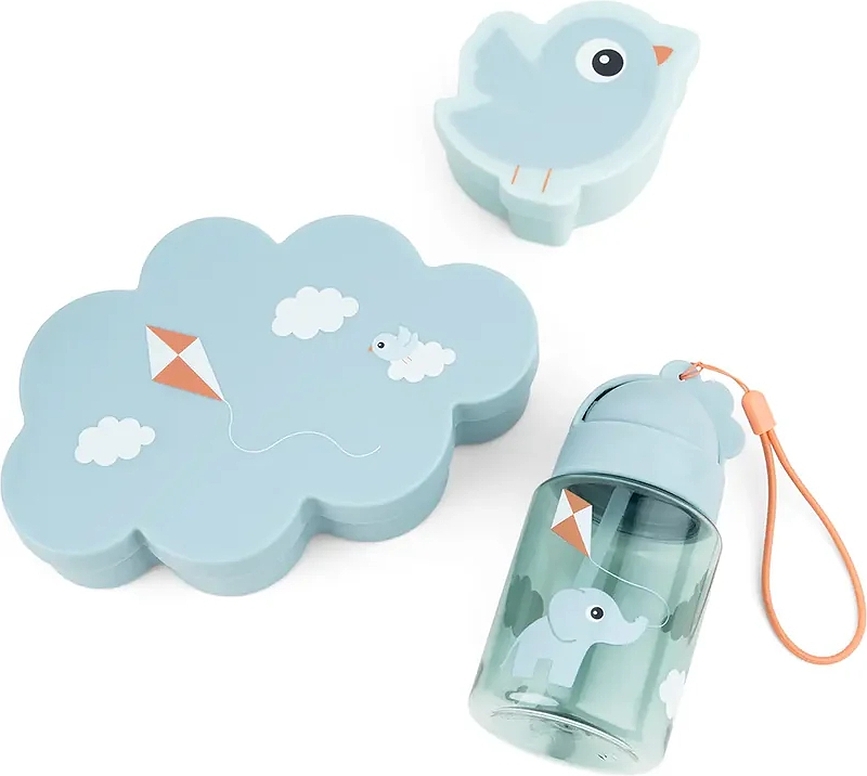 Playground Otroški set za malico z bidonom s slamico, moder, 3-delni