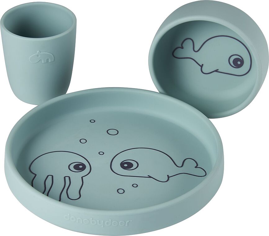 Sea Set de Vaisselle pour Enfant, en silicone, bleu, Set 3 pièces