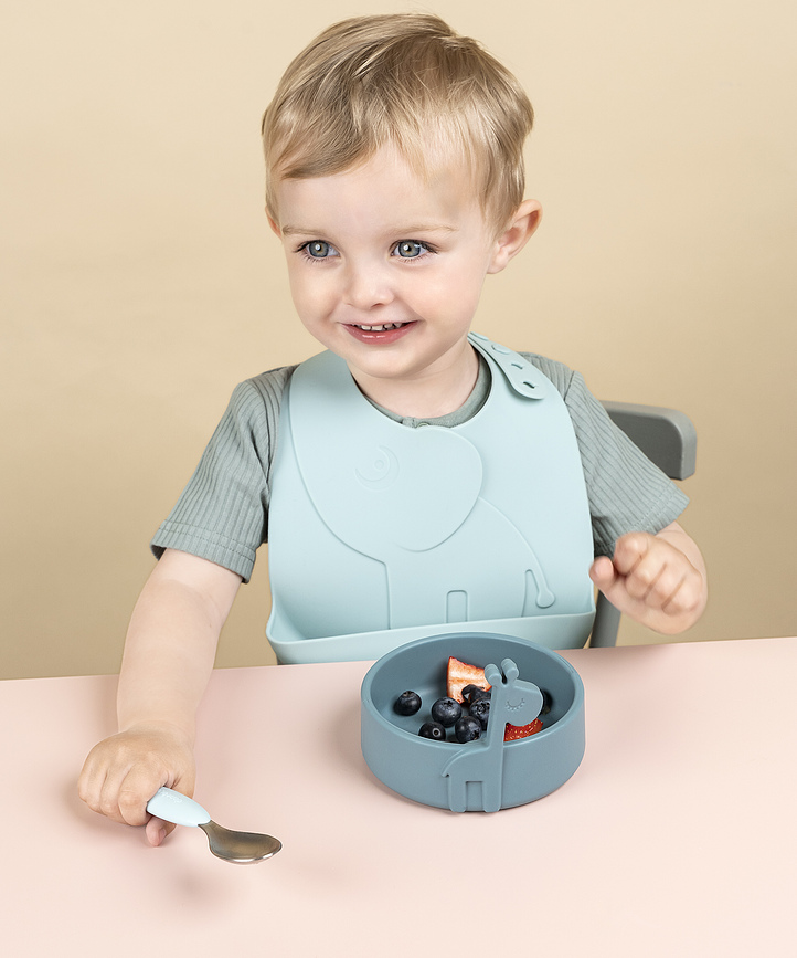 Set de Alimentación Peekaboo, azul, con babero de bolsillo, Set de 3 piezas