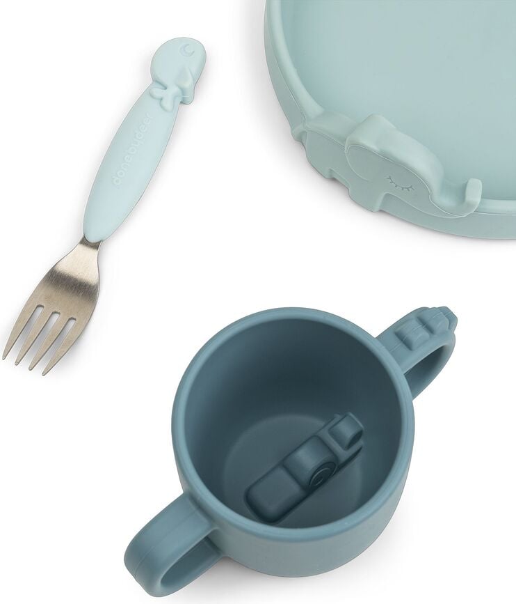 Vajilla y Cubiertos infantiles de silicona Peekaboo, azul, Set de 3 piezas