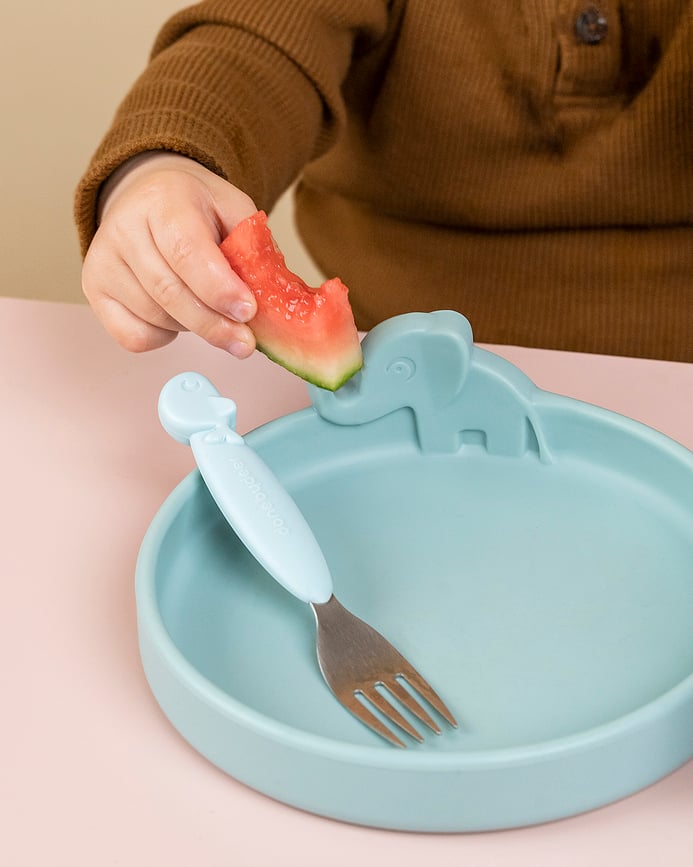 Vajilla y Cubiertos infantiles de silicona Peekaboo, azul, Set de 3 piezas