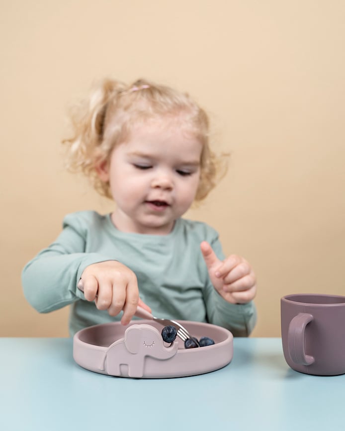 Vajilla y Cubiertos infantiles de silicona Peekaboo, azul, Set de 3 piezas