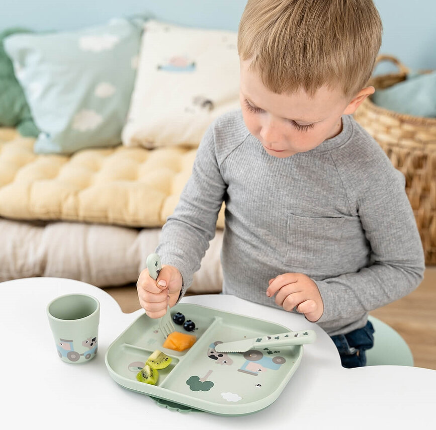Set pappa con ventosa Foodie Tiny Farm, verde, 4 pezzi