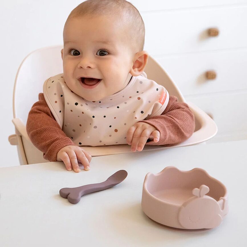 Stick & Stay Bol pour Enfant à ventouse, en silicone, rose, avec cuillère, Set 2 pièces