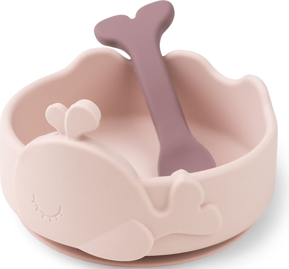 Stick & Stay Kinderschüssel rosa Silikon mit Löffel 2 El.