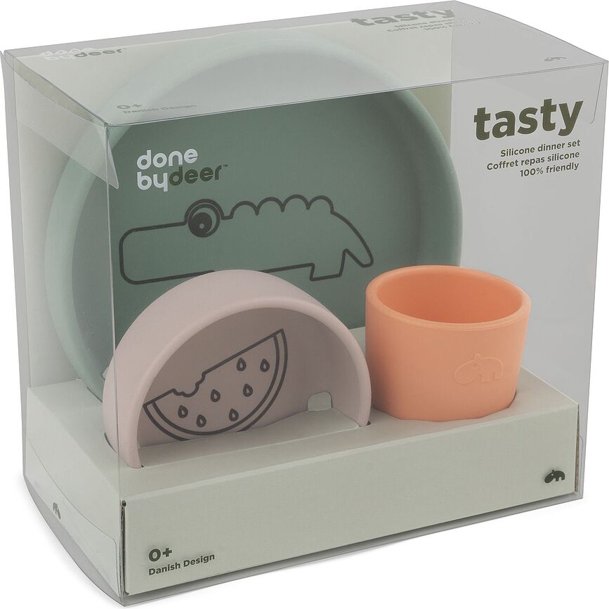 Vajilla Infantil de silicona Done by Deer Croco, Set de 3 piezas