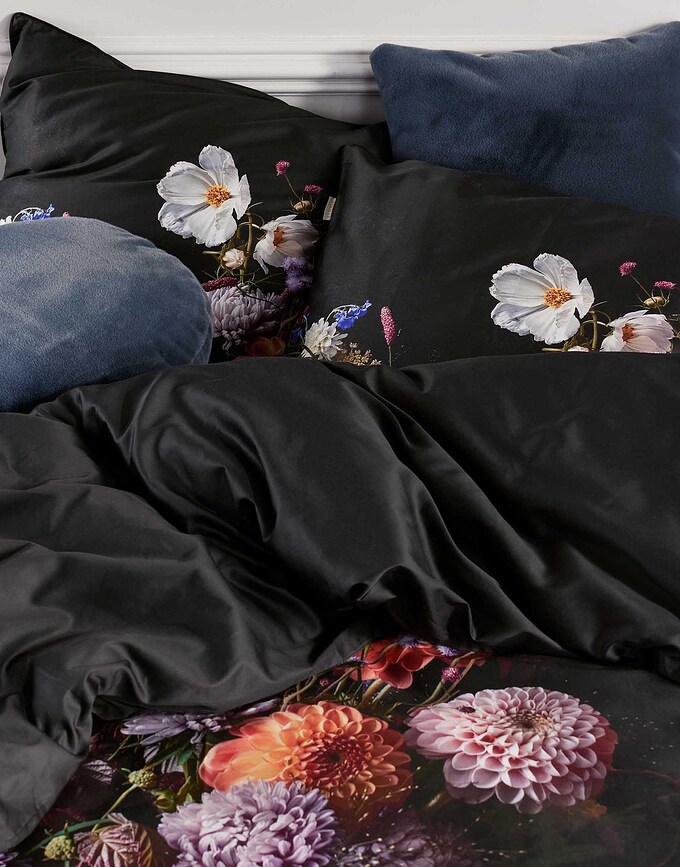 Bouquet Housse de Couette 140 x 220 cm, anthracite, avec taie d'oreiller 60 x 70 cm, fermeture rabat