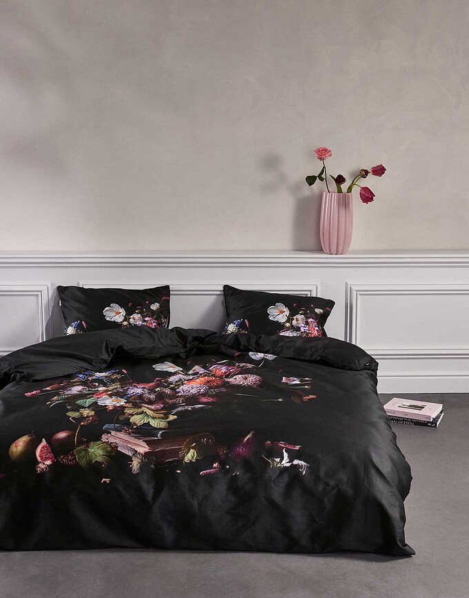 Bouquet Housse de Couette 140 x 220 cm, anthracite, avec taie d'oreiller 60 x 70 cm, fermeture rabat