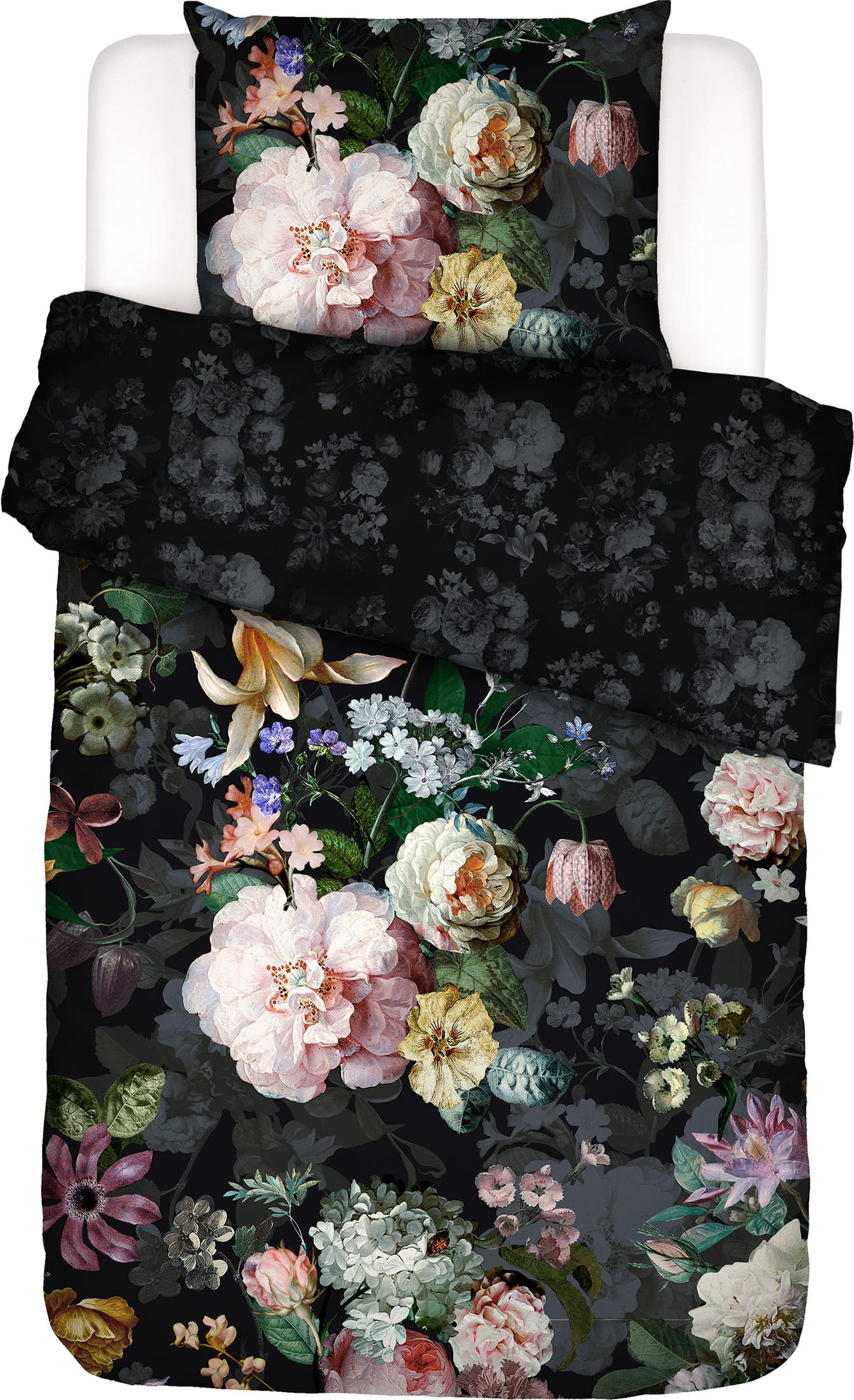 Fleur Festive Bettwäsche 135 x 200 cm schwarz mit Kissenbezug 80 x 80 cm Reißverschluss