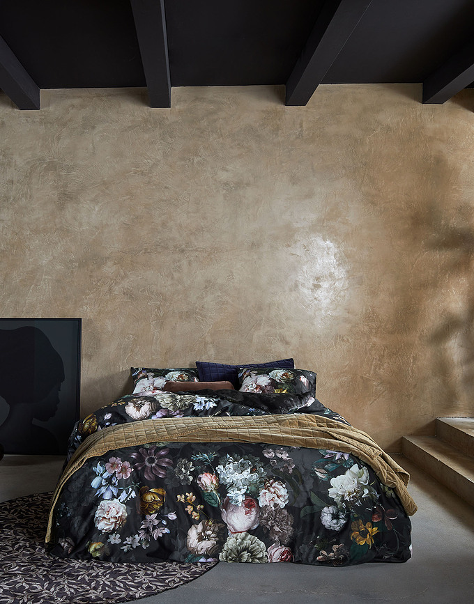 Fleur Festive Parure de Lit avec rabat au pied, 200 x 220 cm, noire, avec 2 taies d'oreiller 60 x 70 cm