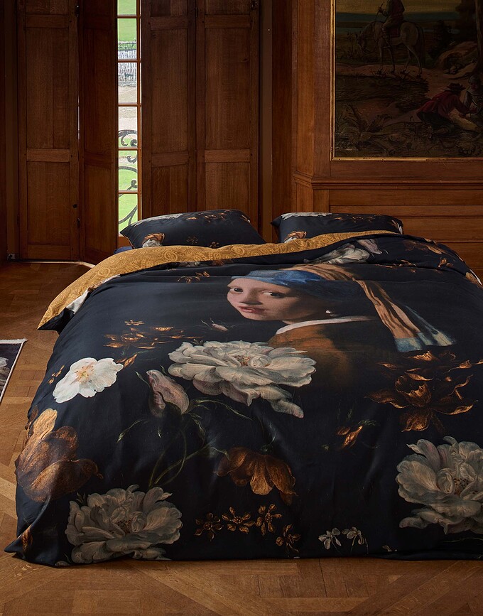 Floral Girl Parure de Lit 200 x 220 cm, noire, fermeture rabat, avec 2 taies d'oreiller 60 x 70 cm