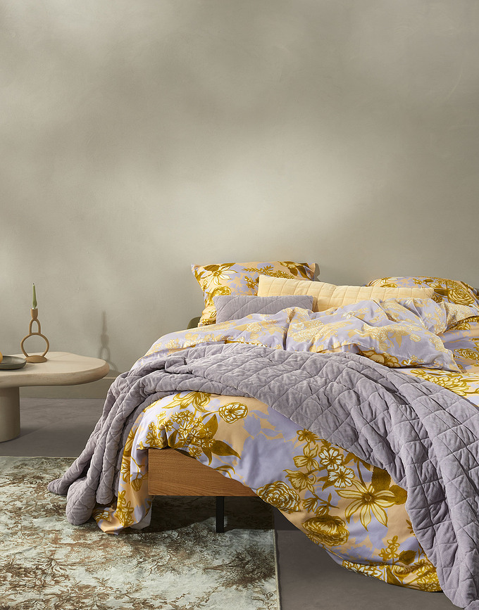 Flore Parure de Lit 135 x 200 cm, jaune et violette, avec 1 Taie d'Oreiller 60 x 80 cm, fermeture éclair