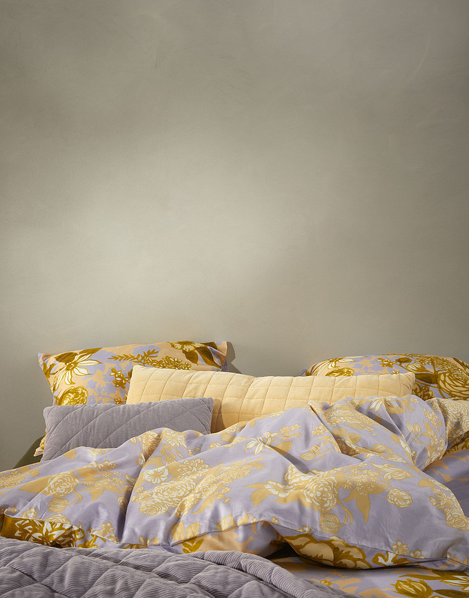 Flore Parure de Lit 135 x 200 cm, jaune et violette, avec 1 Taie d'Oreiller 60 x 80 cm, fermeture éclair