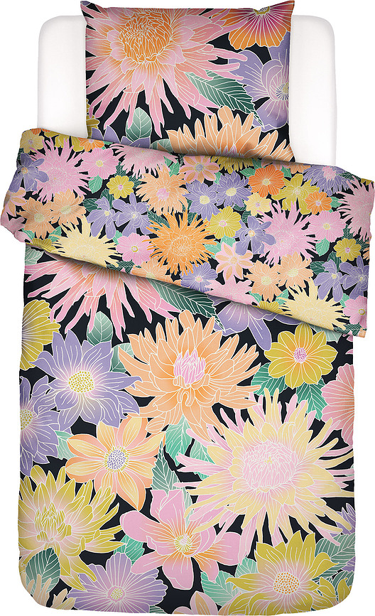 Flower Fling Posteljnina, 140 x 220 cm, črna, s prevleko za vzglavnik 60 x 70 cm, zapiranje na preklop