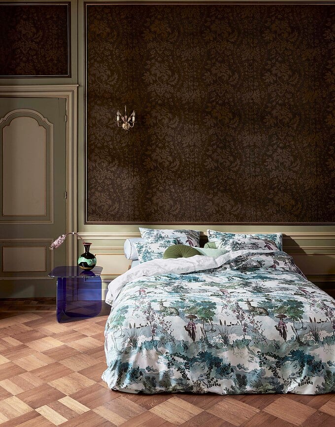 Funda Nórdica Colette, 260 x 220 cm, blanca y verde, cierre de solapa, con 2 fundas de almohada 60 x 70 cm