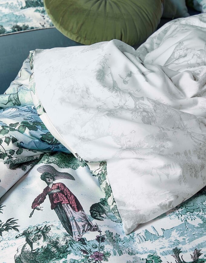 Funda Nórdica Colette, 260 x 220 cm, blanca y verde, cierre de solapa, con 2 fundas de almohada 60 x 70 cm