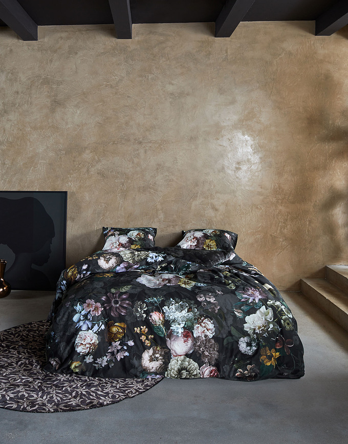 Funda Nórdica Fleur Festive, negra, 135 x 200 cm, cierre de cremallera, funda de almohada 80 x 80 cm