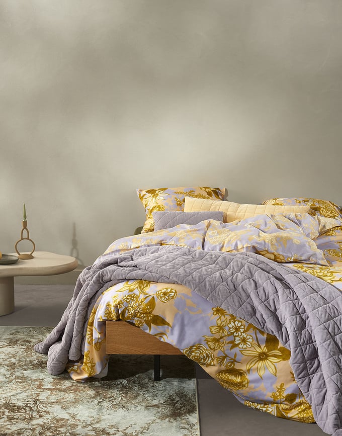 Funda Nórdica Flore, 135 x 200 cm, con funda de almohada 60 x 80 cm, amarillo y morado, cierre de cremallera