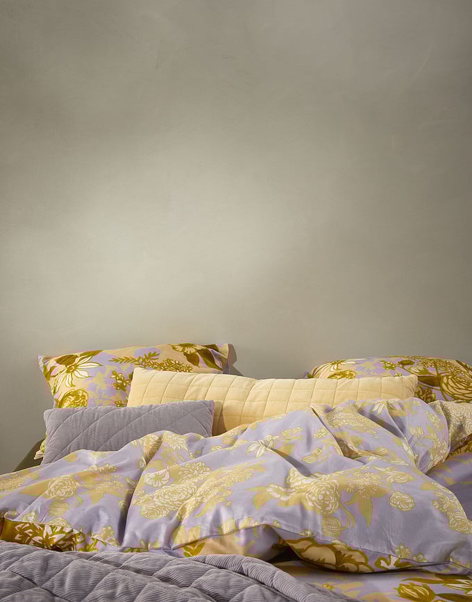 Funda Nórdica Flore, 135 x 200 cm, con funda de almohada 60 x 80 cm, amarillo y morado, cierre de cremallera