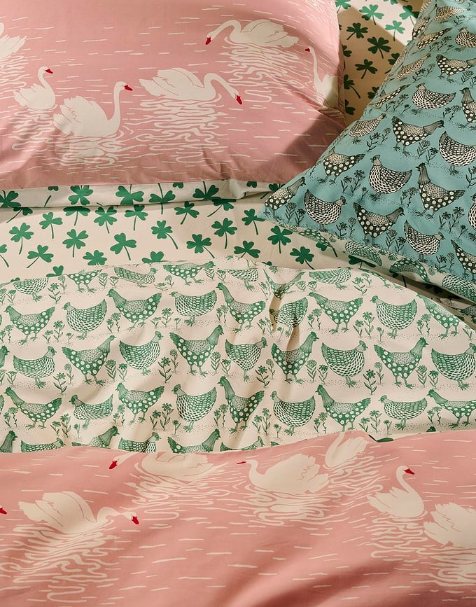 Funda Nórdica Swan Lake, 240 x 220 cm, rosa y verde, cierre de solapa, Set de 3 piezas (2 fundas 60 x 70 cm)