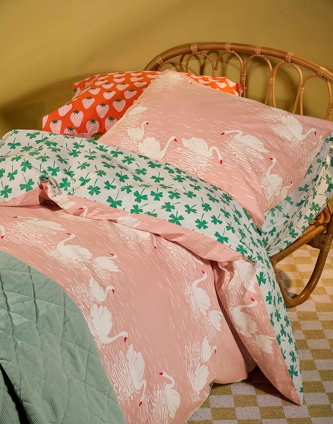 Funda Nórdica Swan Lake, 240 x 220 cm, rosa y verde, cierre de solapa, Set de 3 piezas (2 fundas 60 x 70 cm)