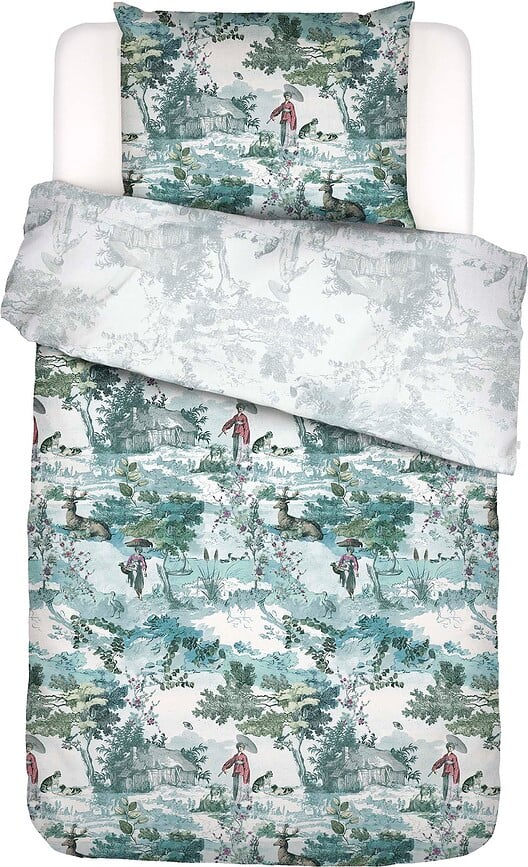 Juego de Cama Colette, blanco y verde, 155 x 220 cm, con funda de almohada 80 x 80 cm, cierre de cremallera