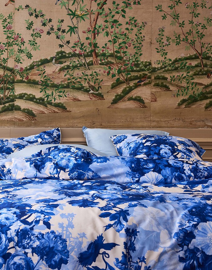 Leila Parure de Lit 200 x 200 cm, bleu-beige, fermeture éclair, avec 2 taies d'oreiller 80 x 80 cm