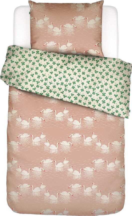 Swan Lake Housse de Couette 140 x 220 cm, rose-vert, avec taie d'oreiller 60 x 70 cm, fermeture rabat, Set 2 pièces