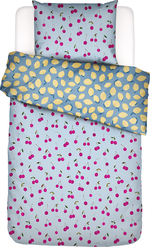 Zesty Cherry Σετ Παπλωματοθήκης 140 x 220 cm, γαλάζιο, με μαξιλαροθήκη 60 x 70 cm, κλείσιμο φάκελος, 2 τμχ