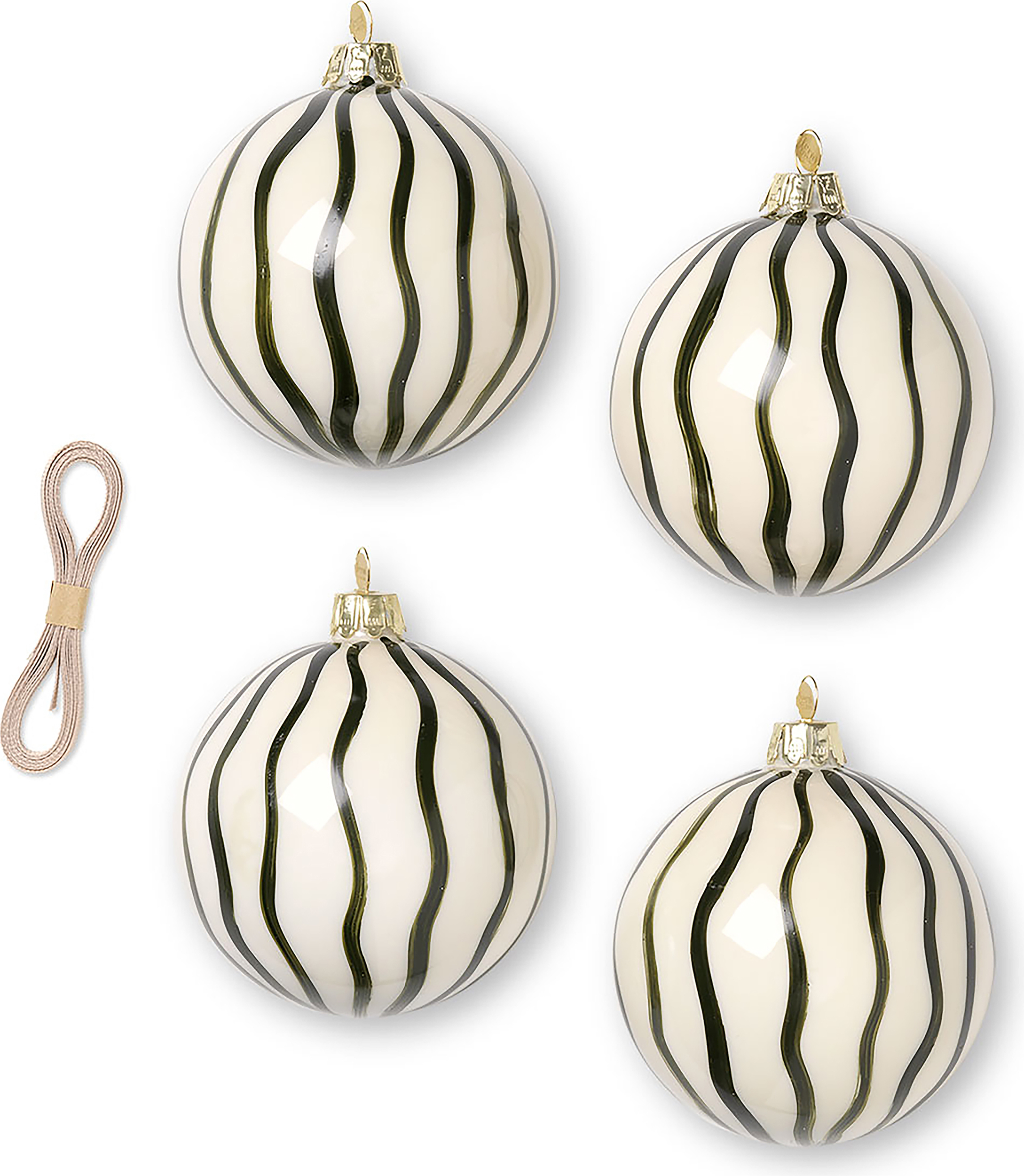 Ferm Living gestreifte Weihnachtskugeln, creme, 4 St.